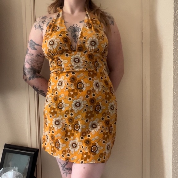 Orange Floral Halter Neck Mini Dress “Cider” Size Large - Picture 7 of 10